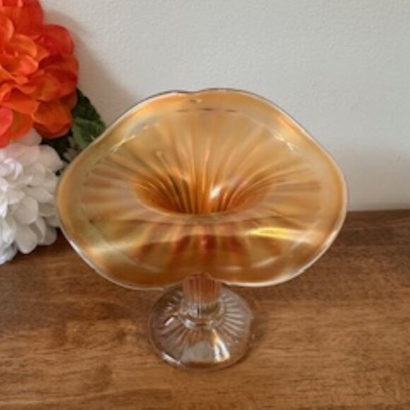 Marigold Carnival Glass Jack-in-the-Pulpit Vase Iridescent Vintage Flared Art Gl - Picture 2 of 6